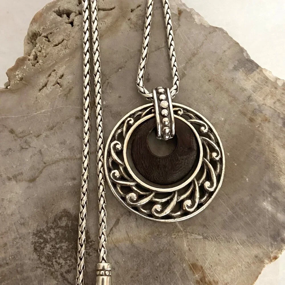 Brighton Katu Collection Silver Plated Round Wood Pendant Necklace 16